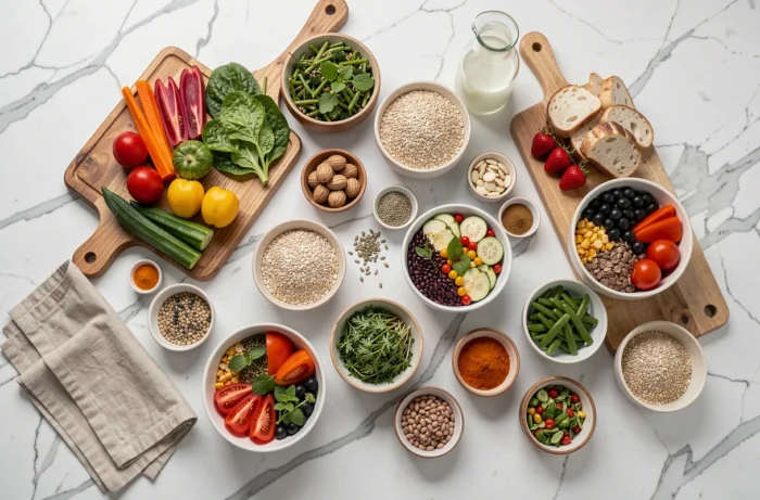 Vue d'ensemble d'une table de cuisine garnie d'ingrédients colorés et équilibrés pour des déjeuners sains au quotidien