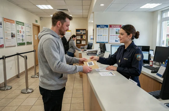 Homem depositando um pacote Vinted no escritório de correios com uma etiqueta de envio gratuita