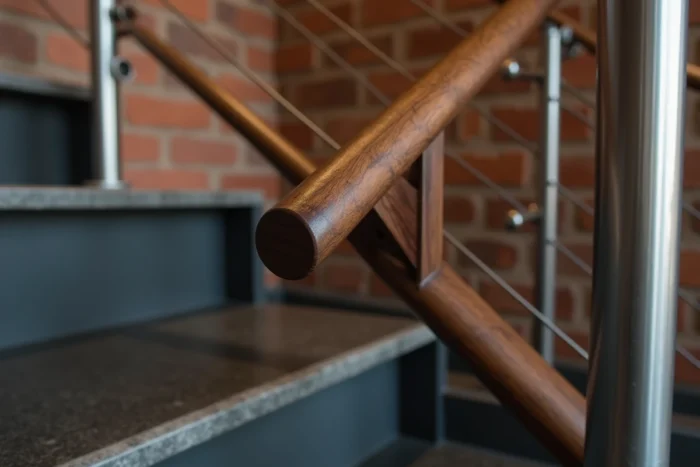 Détail d'escalier haut de gamme associant ardoise noire, noyer et balustrade en acier inoxydable brossé