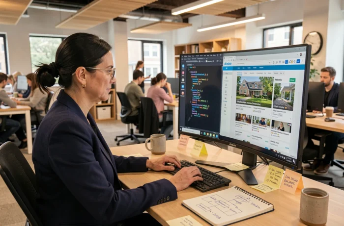 Développeuse web configurant un sitemap XML pour un portail immobilier sur double écran