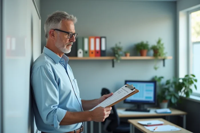 Directeur d'école consultant une fiche classe sur un clipboard dans un bureau administratif scolaire