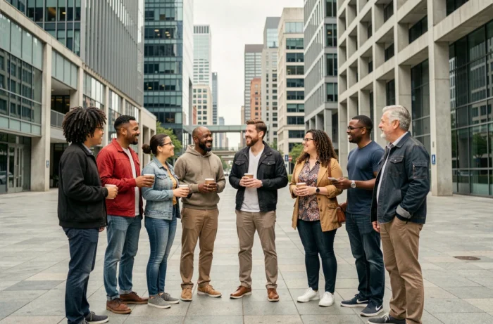 Groupe diversifié de personnes de différentes origines ethniques dans une place urbaine moderne, symbolisant la diversité de la population mondiale en 2026