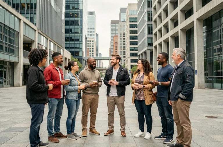 Groupe diversifié de personnes de différentes origines ethniques dans une place urbaine moderne, symbolisant la diversité de la population mondiale en 2026