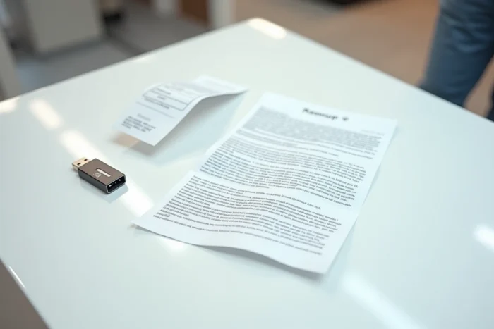 Document imprimé, clé USB et ticket de caisse posés sur une surface blanche en magasin Leclerc