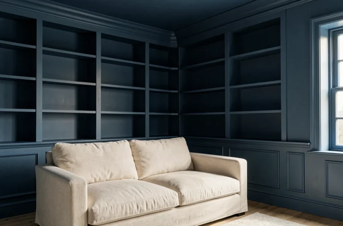 Salon avec un traitement monochrome total en bleu ardoise enveloppant murs, plafond et menuiseries pour un effet drenching immersif