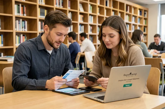 Deux jeunes professionnels consultant une offre de formation CPF sur tablette et MacBook dans une bibliothèque moderne