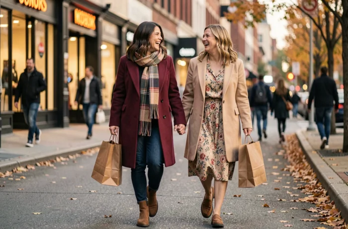 Deux femmes stylées marchant dans une rue urbaine en automne avec des sacs shopping et des tenues tendance
