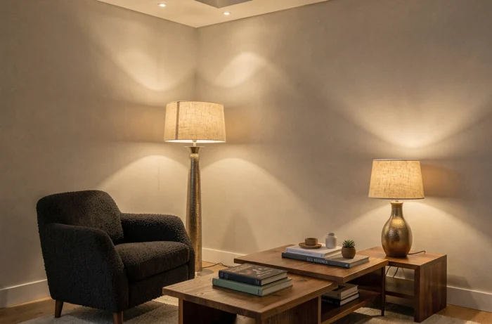 Coin salon avec éclairage en couches superposées : lampadaire, spots encastrés et lampe de table combinés pour une ambiance stratifiée