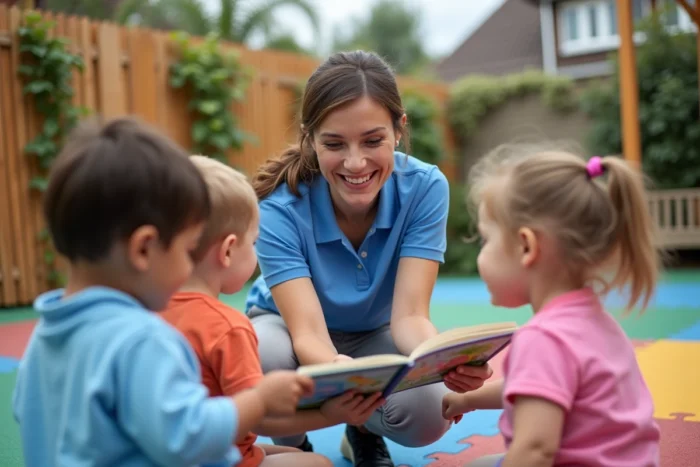 Éducatrice lisant un livre illustré à des jeunes enfants dans la cour extérieure d'une crèche