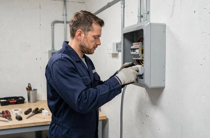 Électricien installant une pieuvre électrique sur un tableau de distribution résidentiel