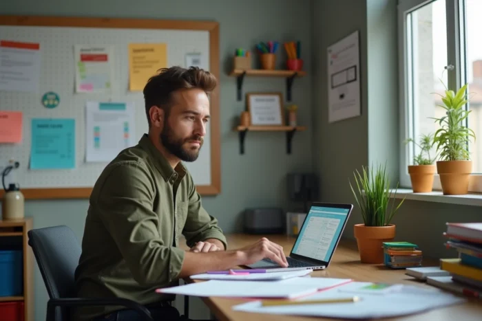 Enseignant assis à son bureau avec un tableau de bord numérique pour gérer efficacement sa classe