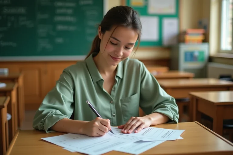 Enseignante remplissant une fiche classe 2026 à son bureau dans une salle de classe organisée