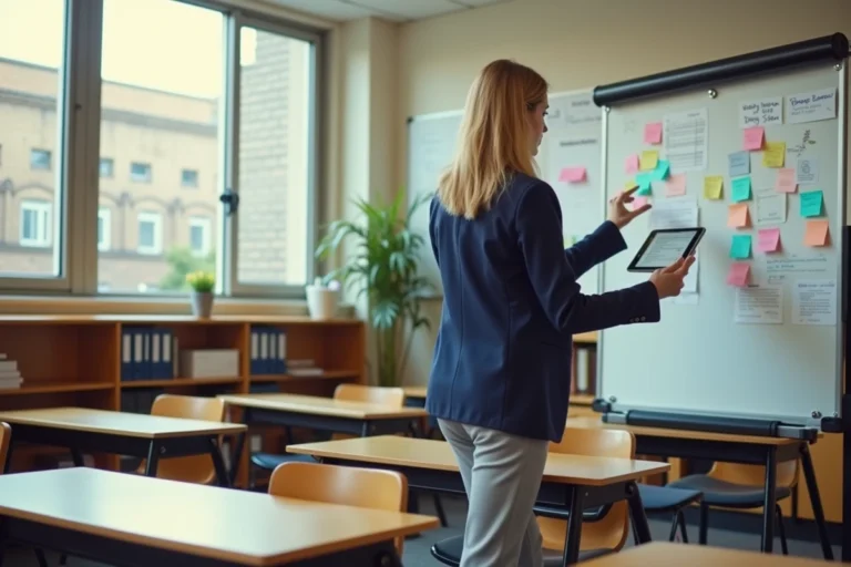 Enseignante organisant sa classe avec des outils numériques et des tableaux de planification colorés en 2026