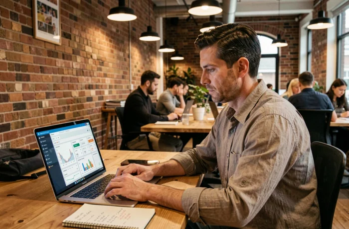 Entrepreneur consulting analyzing a financial management dashboard on his laptop in a modern coworking space