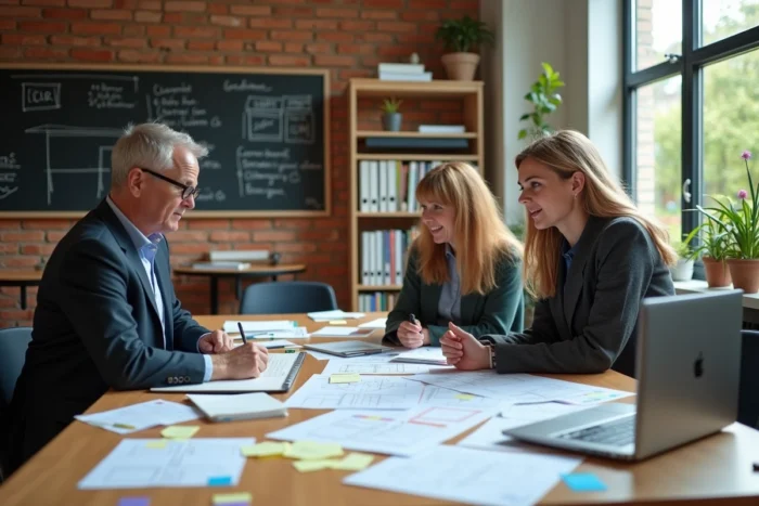 Équipe d'enseignants collaborant autour de plans d'organisation de classe et d'outils de planification scolaire