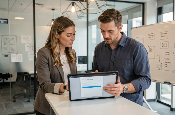 Two members of a web team specialized in digital review a client contact form together in a glass meeting room