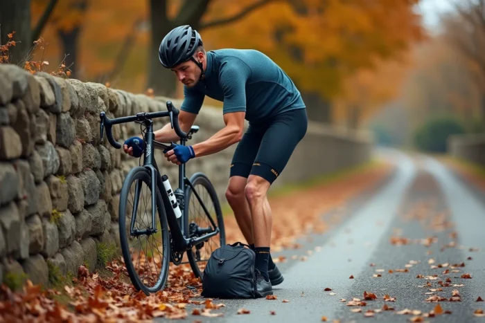 Cycliste vérifiant son équipement de vélo de route avant une sortie en plein air à l'automne