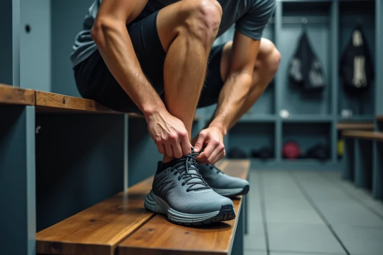 Homme préparant ses équipements sportifs dans un vestiaire moderne avant une séance d'entraînement