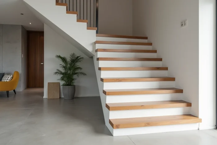 Escalier moderne avec marches en chêne massif et contremarches blanches dans un intérieur contemporain