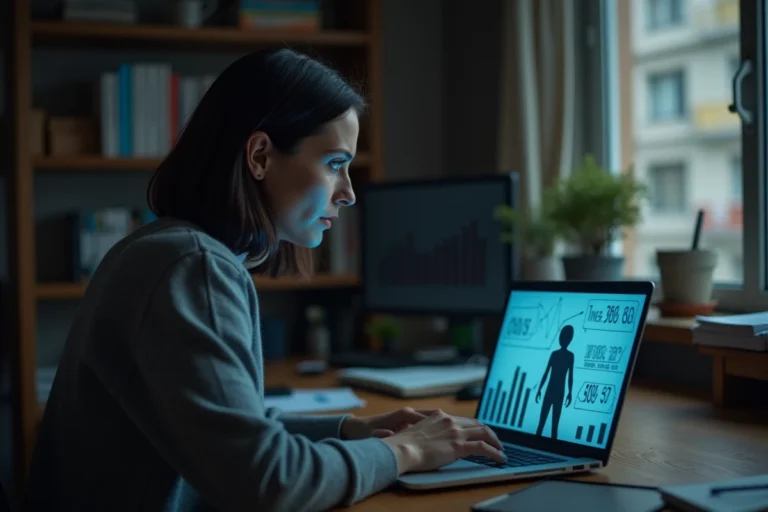 Femme inquiète devant un écran d'ordinateur affichant des données sur l'estimation monétaire des données personnelles en ligne