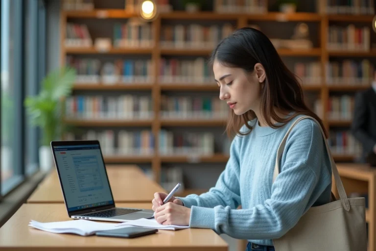 Étudiante comparant des offres de crédit étudiant sans intérêt sur son ordinateur portable dans une bibliothèque universitaire moderne