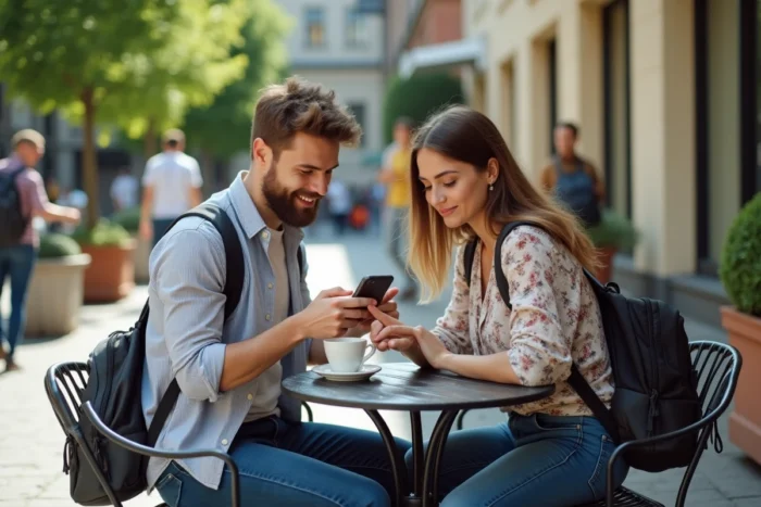 Deux étudiants comparant des options de crédit étudiant sans intérêt sur une application bancaire mobile en terrasse de campus