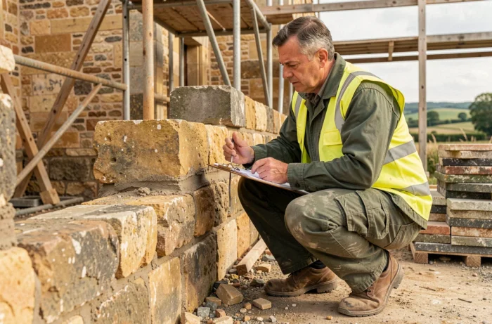 Expert en bâtiment inspectant les murs en pierre d'une maison en rénovation en Charente