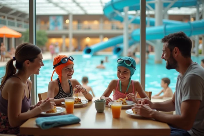 Famille avec enfants profitant d'une pause calme dans un espace restauration d'Aquaboulevard Paris pendant une période creuse du week-end