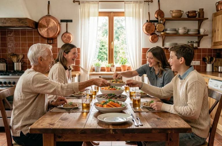 Famille réunie autour d'un repas maison convivial dans une cuisine chaleureuse, parents et adolescents partageant un moment de complicité quotidienne