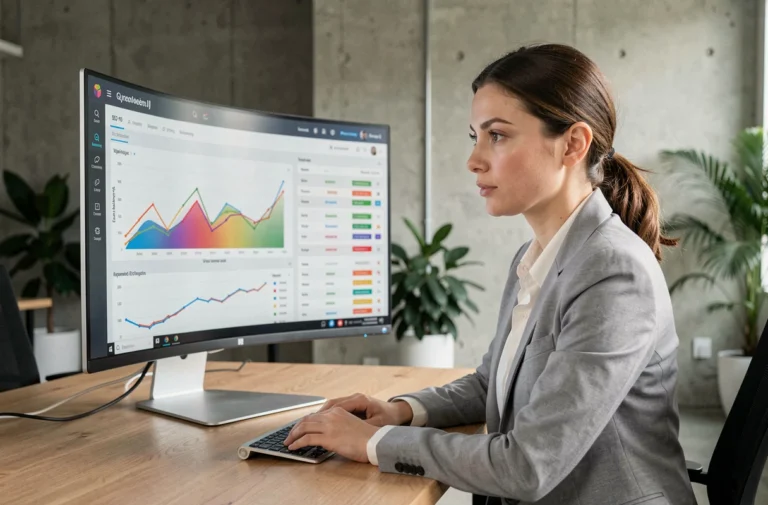 Femme analyste SEO utilisant un outil d'analyse de référencement sur grand écran dans un bureau moderne