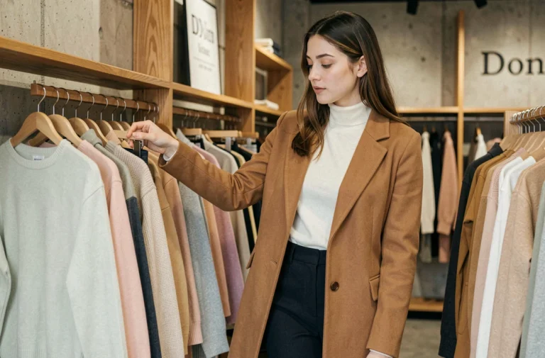 Jeune femme élégante parcourant des vêtements dans une boutique de mode moderne aux tons neutres