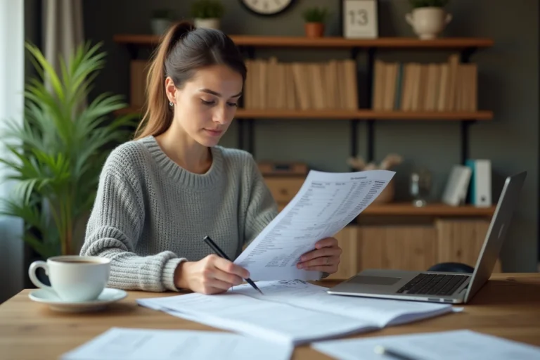 Femme analysant son budget personnel sur un bureau en bois avec des feuilles de calcul et un ordinateur portable