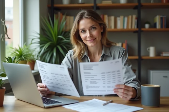 Femme comparant des devis de travaux sur son bureau à domicile avec un ordinateur portable et des documents imprimés