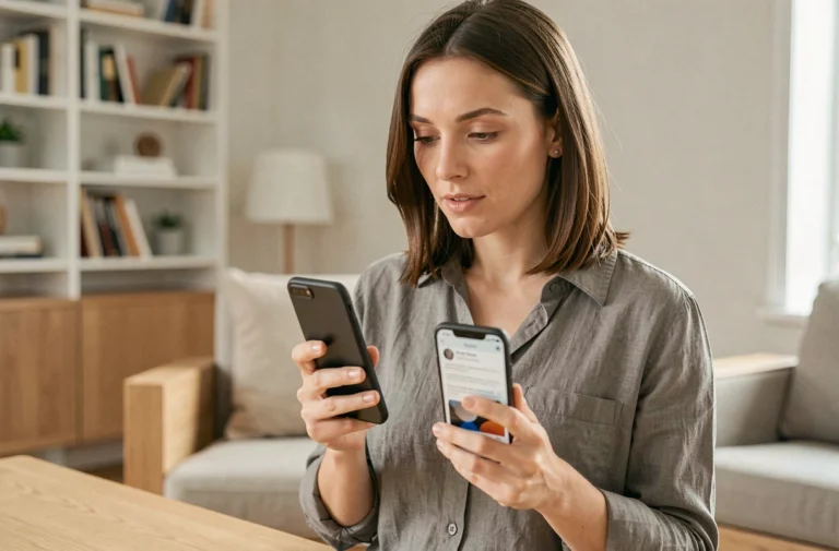 Femme comparant deux smartphones Samsung Galaxy A et S tenus côte à côte dans un salon moderne