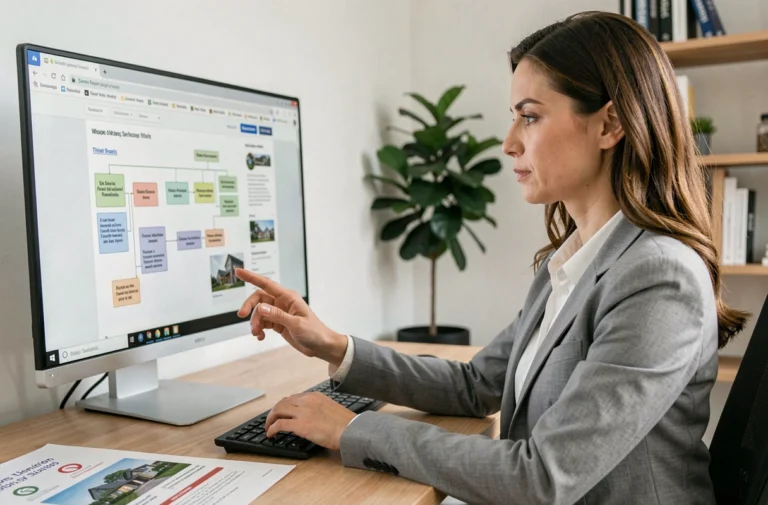 Femme professionnelle consultant un sitemap immobilier sur un ordinateur de bureau dans un bureau moderne