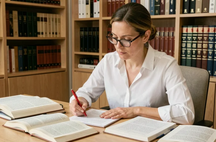 Femme professionnelle corrigeant un texte en français avec accord du participe passé au féminin