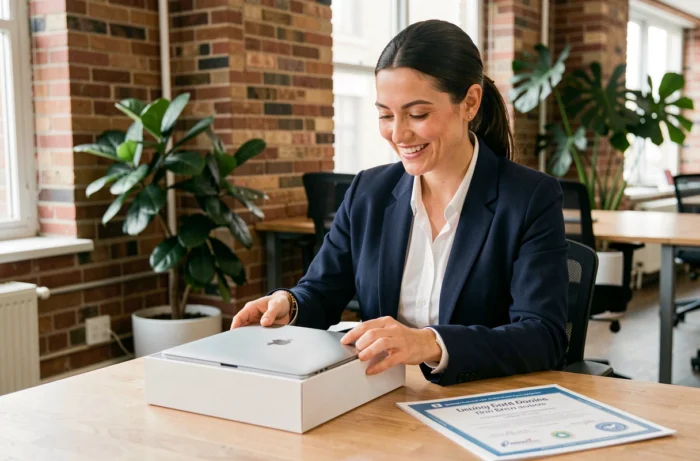 Femme souriante déballant un MacBook neuf dans un espace de coworking moderne, dans le cadre d'une formation CPF 2024