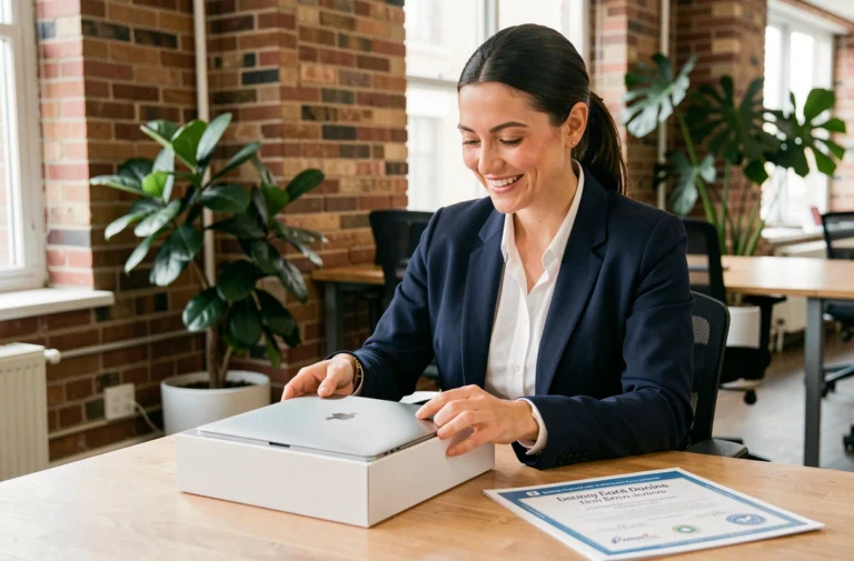Femme souriante déballant un MacBook neuf dans un espace de coworking moderne, dans le cadre d'une formation CPF 2024