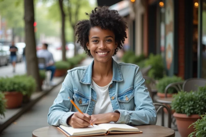 Jeune femme dessinant dans un carnet de croquis en terrasse de café en ville, loisir créatif et détente urbaine
