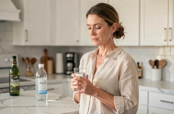 Femme tenant un verre d'eau minérale dans sa cuisine, évoquant les bienfaits de l'eau Saint Antonin sur le transit intestinal
