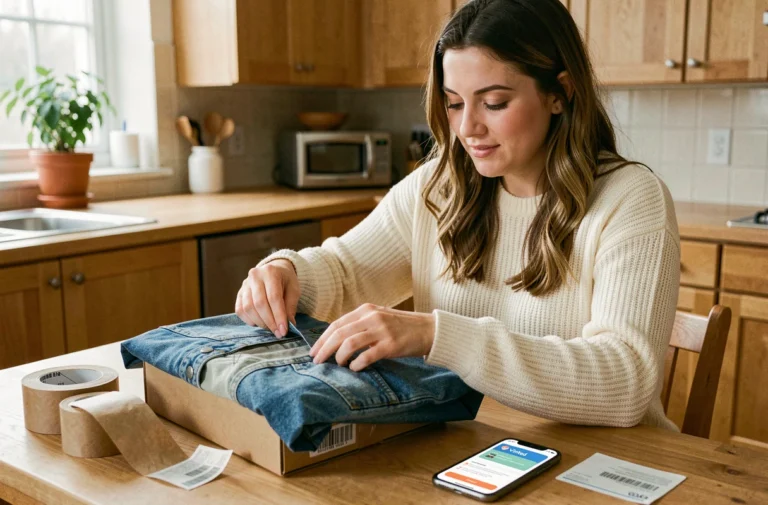 Jeune femme emballant un vêtement dans une boîte d'expédition avec l'application Vinted ouverte sur son smartphone