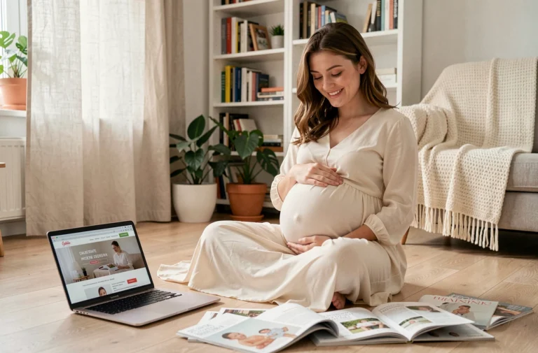 Jeune femme enceinte consultant un site de maternité sur ordinateur portable entourée de magazines parentaux dans un salon scandinave