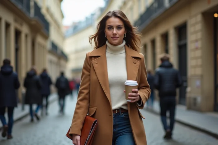 Femme entrepreneure marchant dans une rue parisienne pavée, incarnant la détermination et l'engagement d'une créatrice moderne