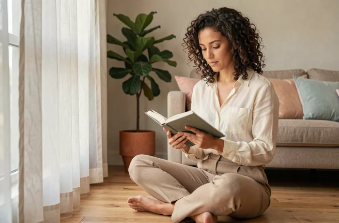 Femme épanouie lisant un livre dans un salon minimaliste cosy, illustration d'un quotidien féminin serein et inspirant