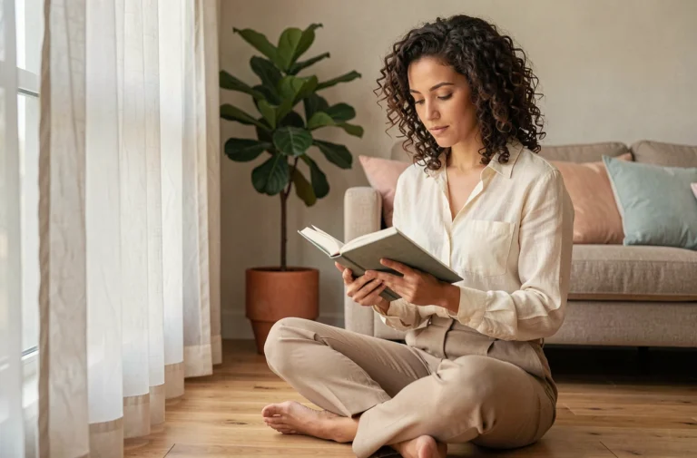 Femme épanouie lisant un livre dans un salon minimaliste cosy, illustration d'un quotidien féminin serein et inspirant