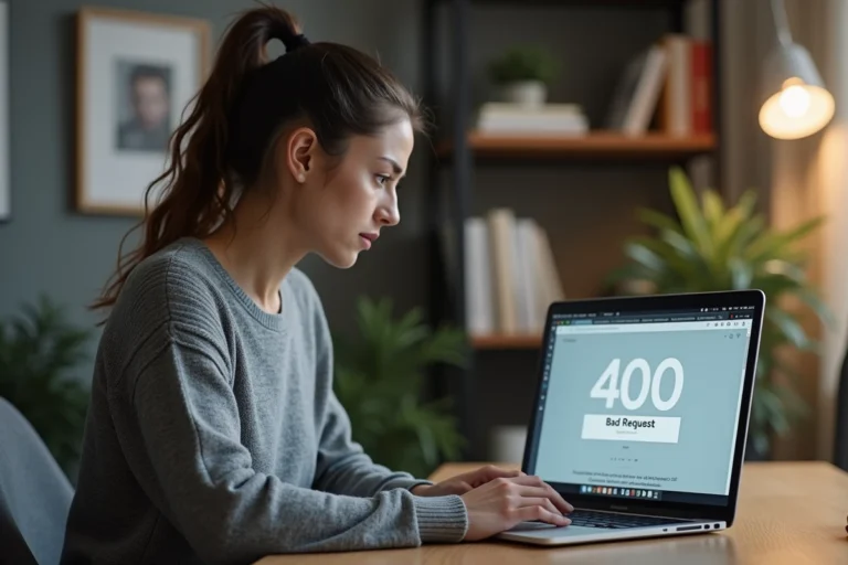 Femme devant un ordinateur portable affichant une erreur 400 dans un bureau à domicile moderne