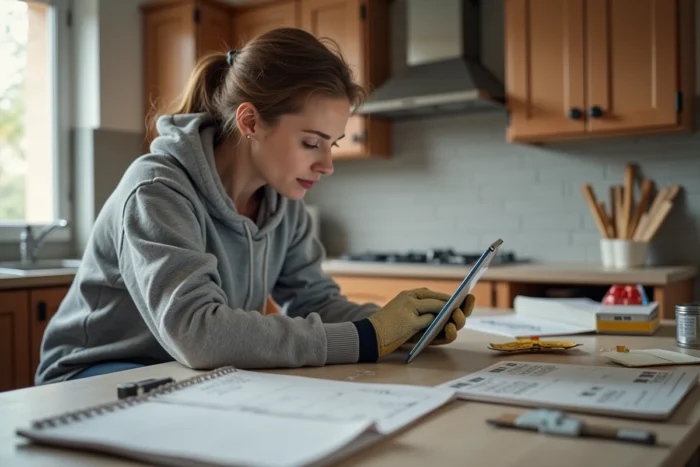 Femme consultant un forum de bricolage sur tablette lors d'un projet de rénovation de cuisine
