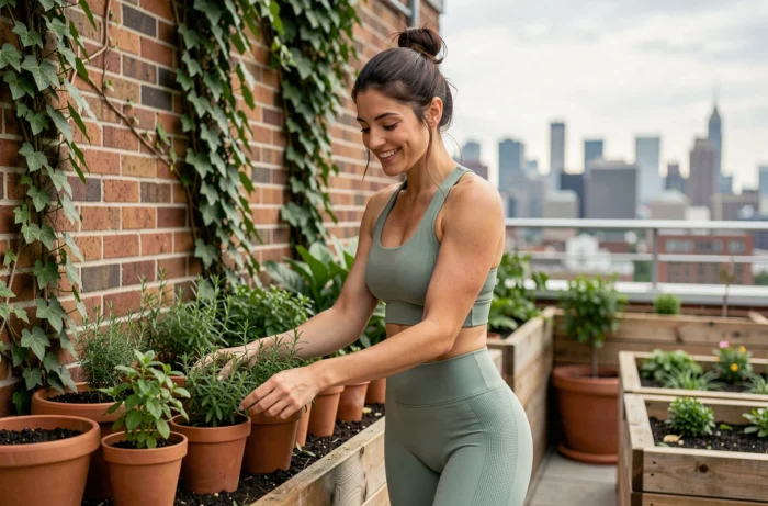 Young smiling woman gardening on an urban rooftop, symbolizing personal fulfillment and daily well-being