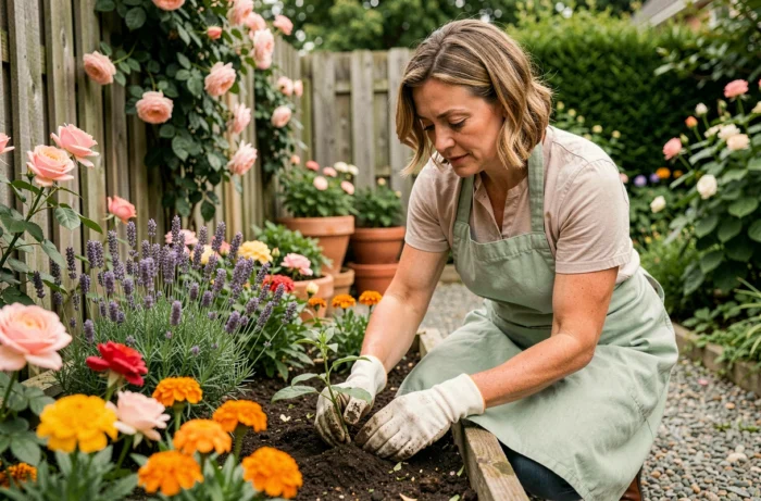 Femme jardinant dans un jardin fleuri avec des roses, de la lavande et des soucis, agenouillée près d'un parterre surélevé en bois