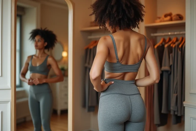 Femme ajustant la coupe de son legging près d'un miroir dans une cabine d'essayage moderne